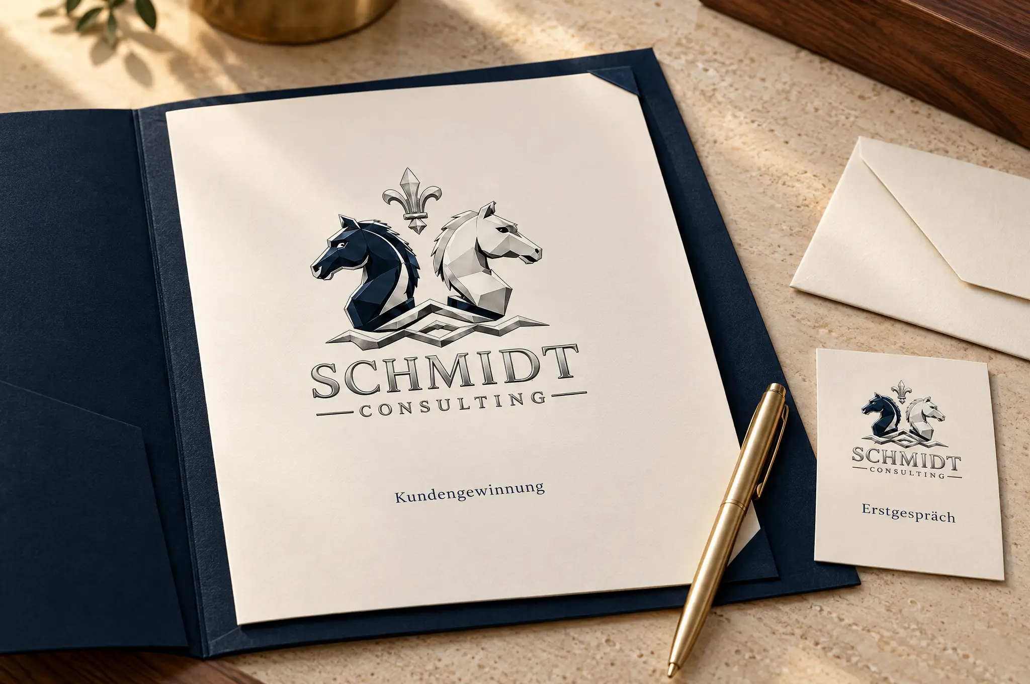 KI-generiertes Beispielmotiv: Angebotsmappe und Erstgespräch-Karte mit dem Schmidt-Consulting-Logo.