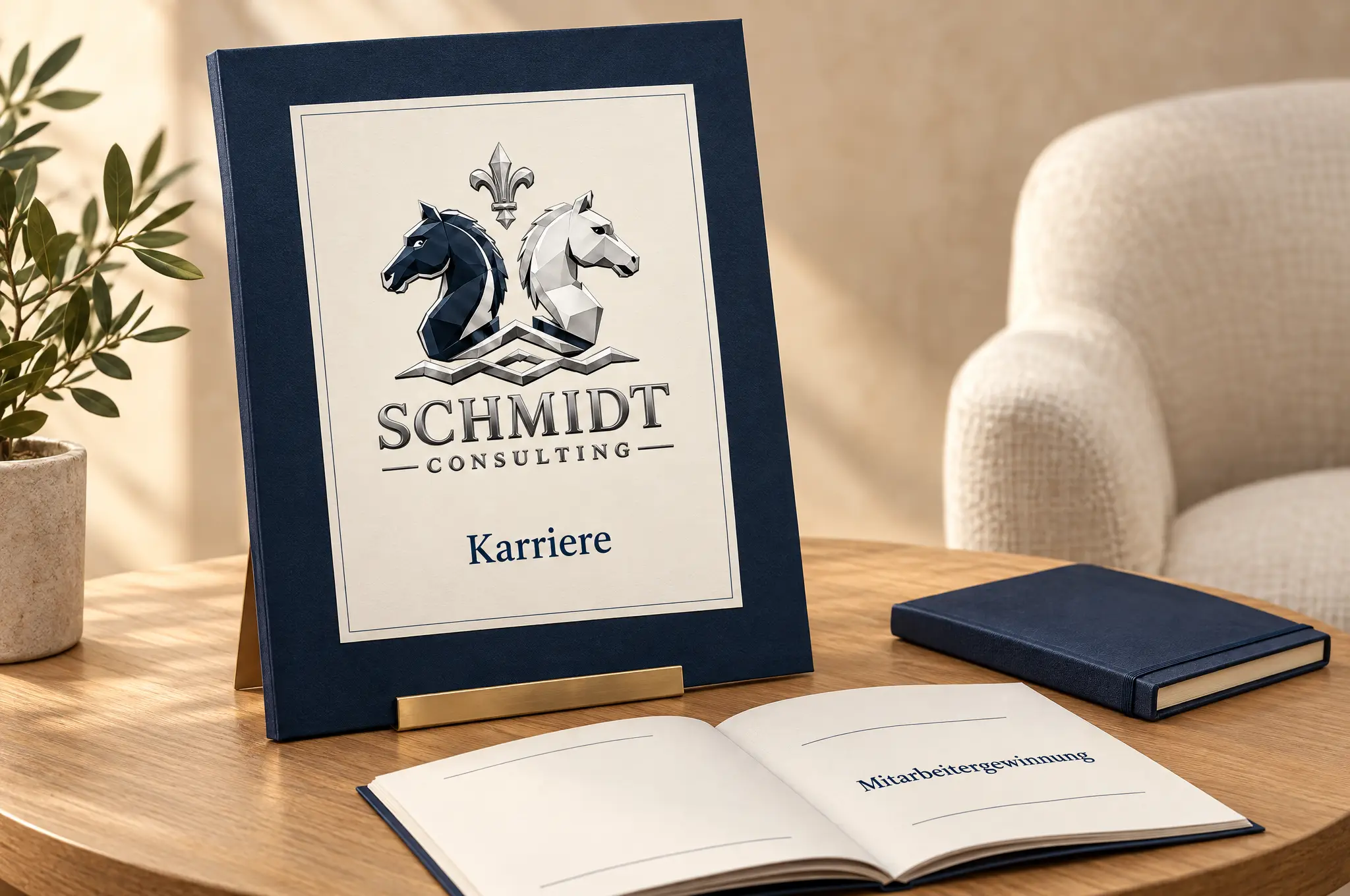 KI-generiertes Beispielmotiv: Karriere-Mappe mit dem Schmidt-Consulting-Logo und einer Broschüre zur Mitarbeitergewinnung.