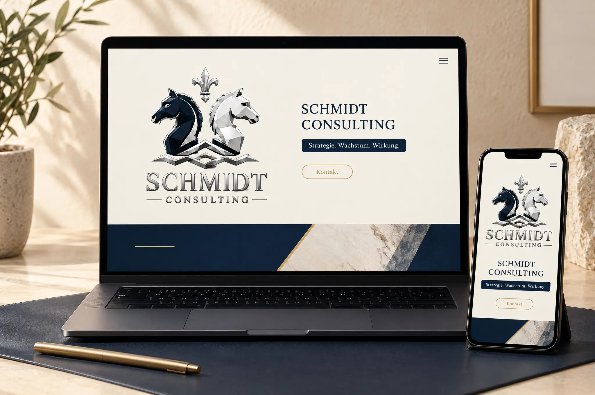 KI-generiertes Beispielmotiv: Laptop und Smartphone zeigen einen Website-Entwurf mit dem Schmidt-Consulting-Logo.